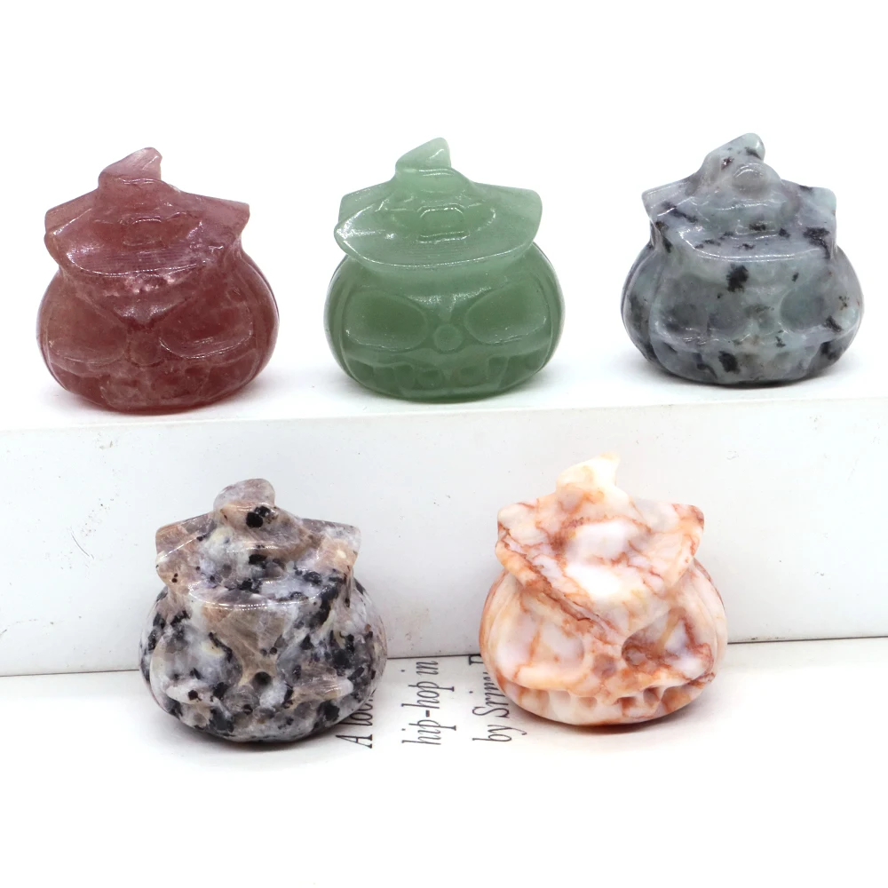 

Natural Crystal Stone Halloween Pumpkin Skull Cartoon Mineral Ornaments, Gem Carved, Healing Reiki, Home Decoration Gift