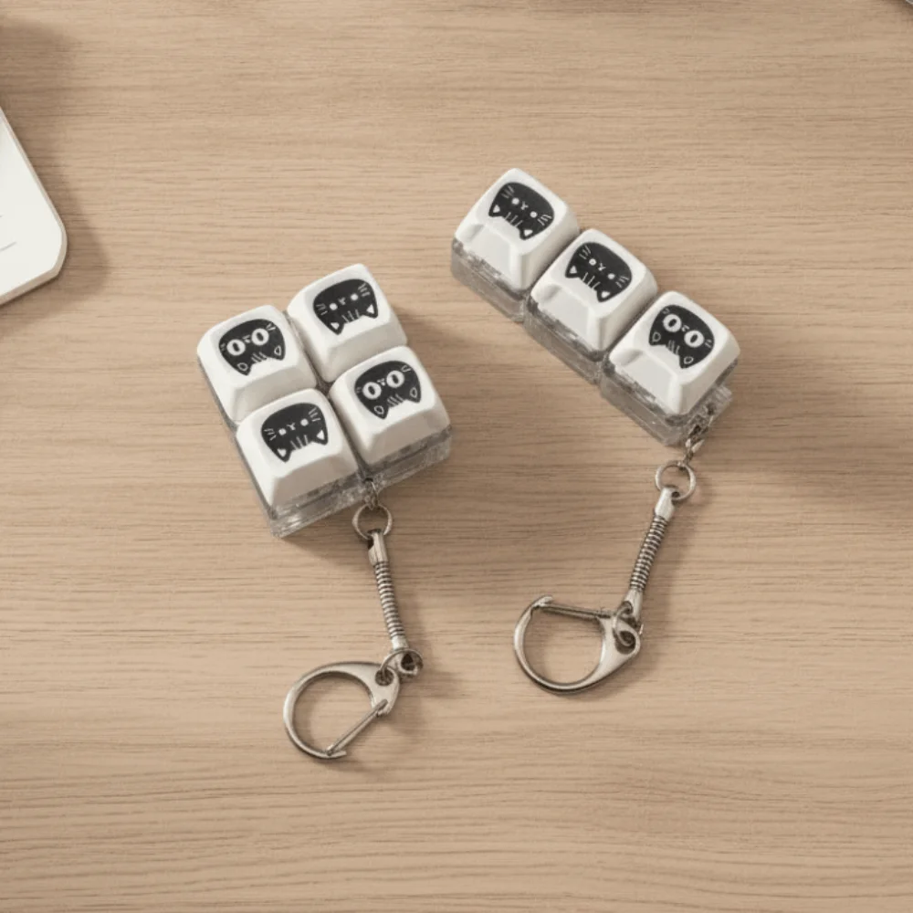 Glowing Black Cat Keyboard Key Chain Crispy Rebound Voice Transparent Base Keyboard Keycap Key Chain with Metal Buckle