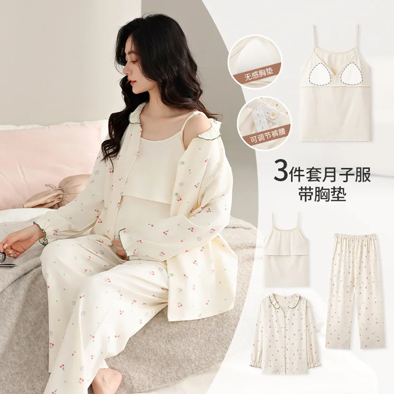 2026 Autumn  winter Nursing Pajamas Korean Cotton Sexy 3pcs/set Maternity Sleepwear Postpartum Breastfeeding Pregnancy Nightwear