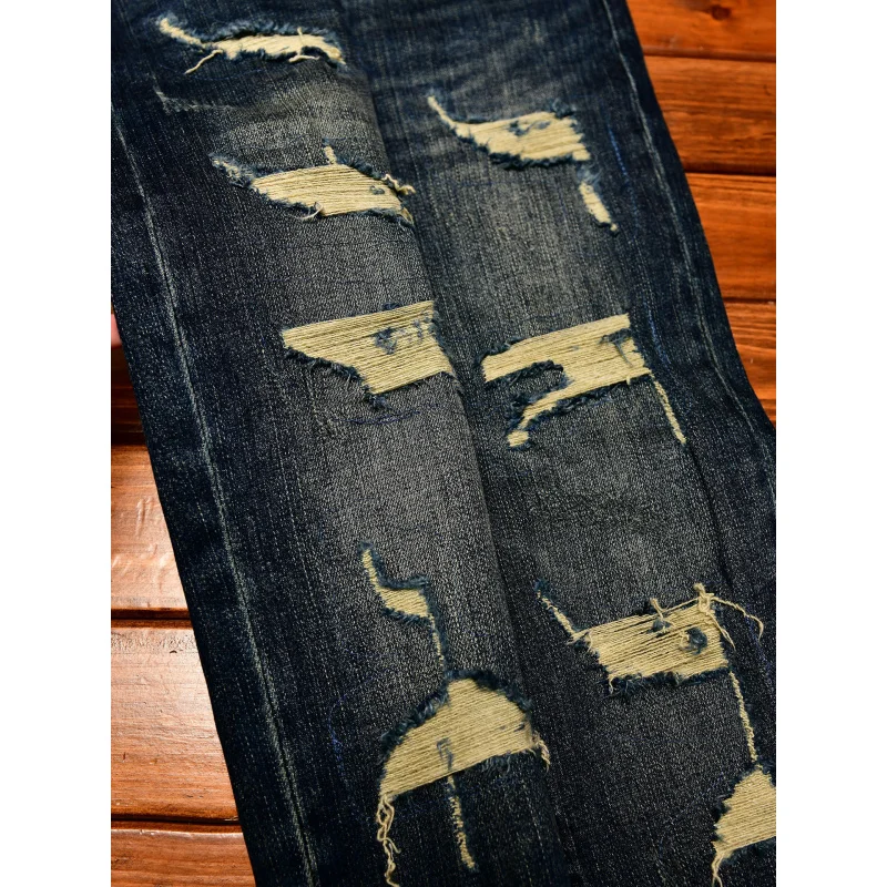 ダメージ加工ジーンズ メンズ 2025年 最新トレンドブランド ノスタルジックファッション スリムフィット スモールフット ディープブルー レトロ風 デニムパンツ