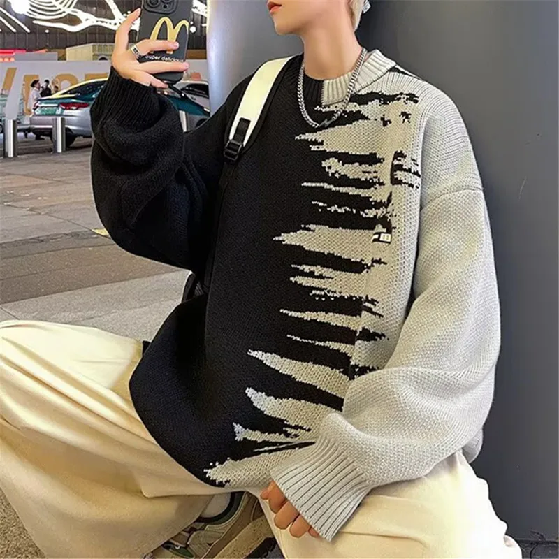 

Y2K Autumn New Mens Pullover Black Color Blocking Sweaters Oversized O-Neck Wool Knitted Man Loose Streetwear Knitwear Pull Homm