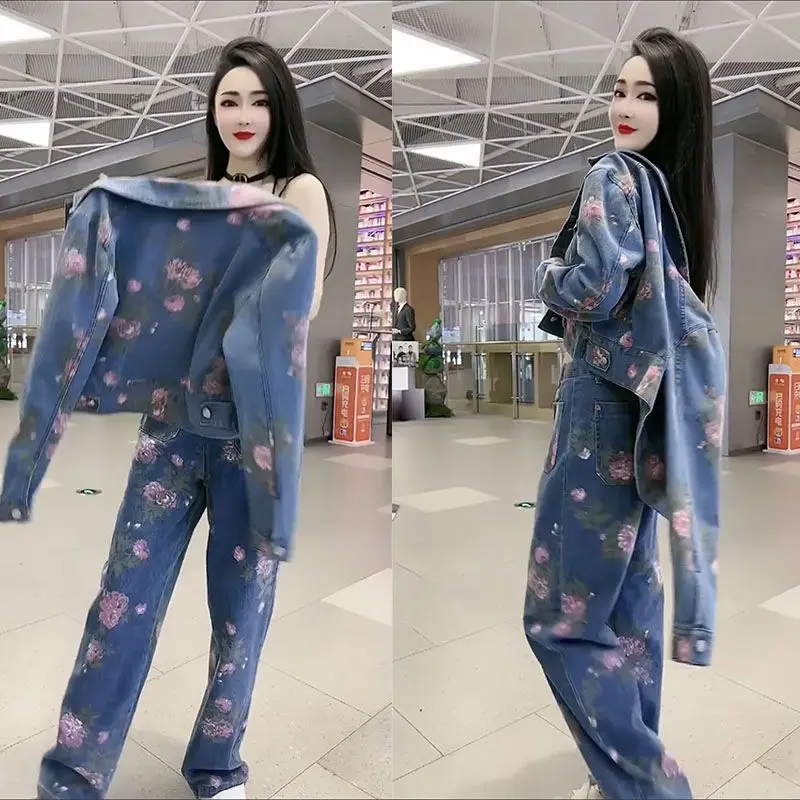 Fashion Denim Suit Women 2026 Spring New Item Slimming and Age Reducing Retro Printed Denim Top Pants Two-piece Set Female
