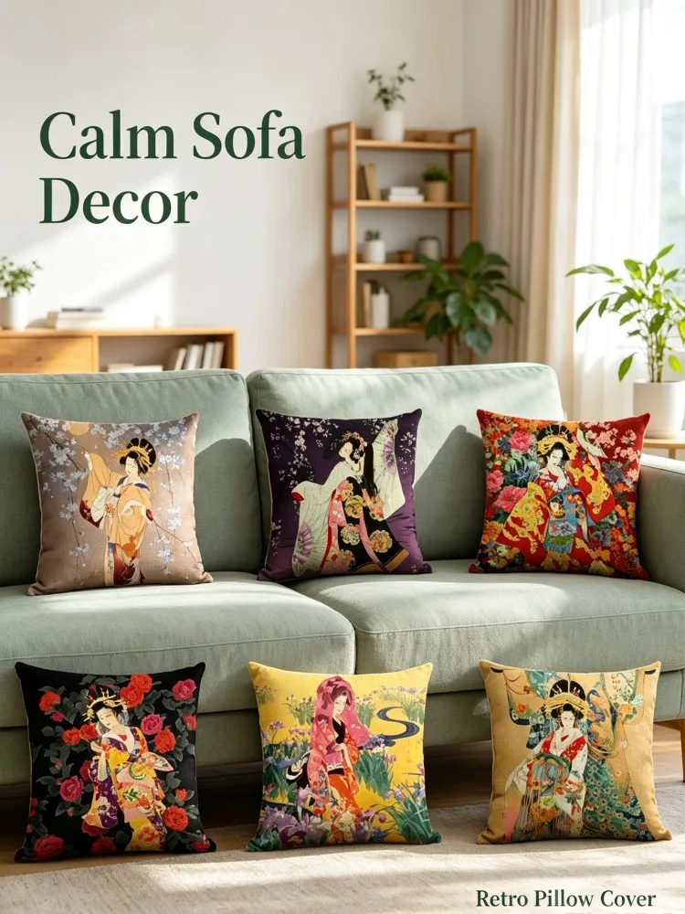 Japanese Ukiyo‑e Geisha Print Throw Pillow Covers Vintage Kimono Lady Art Cushion Case Home Sofa Bedroom Square Decorative Pillo