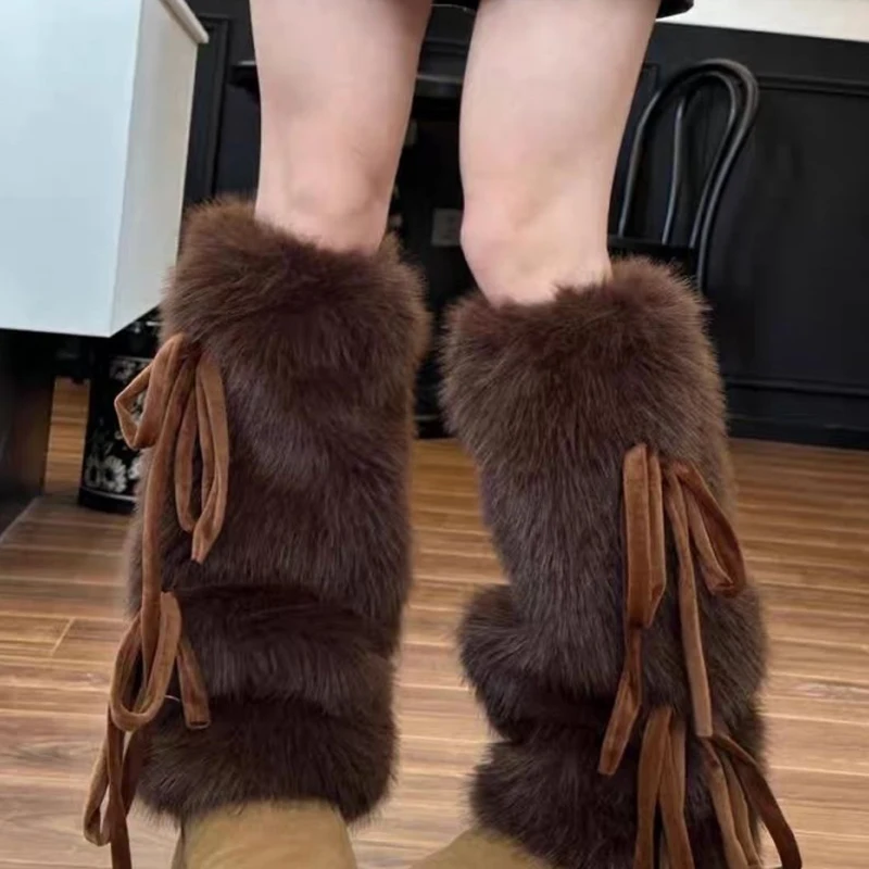 

Sweet Bowknot Ribbon Plush Leg Warmers Girls Lolita Winter Warm Leggings Leg Warmers JK Boot Stocking Furry Fur Leg Cover Socks