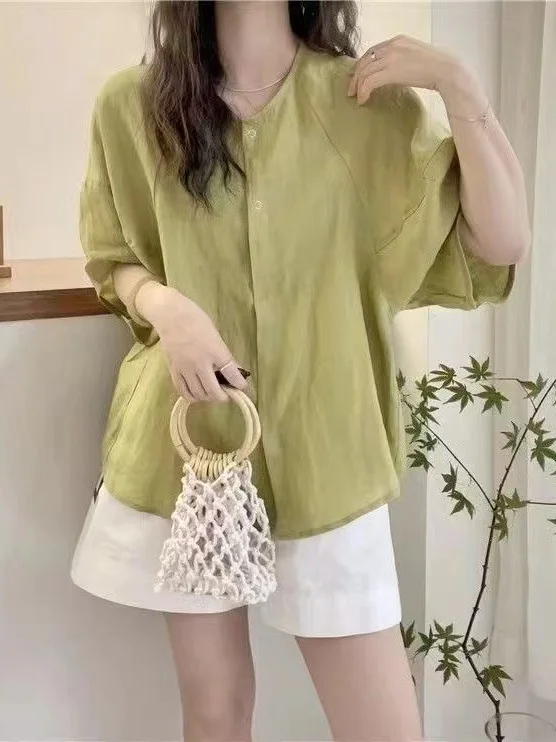 Japanese Sle Artistic Linen ort Sve irt Women's Summer Versatile Loose Casual round Ne Lightweight Cotton Linen Ca...