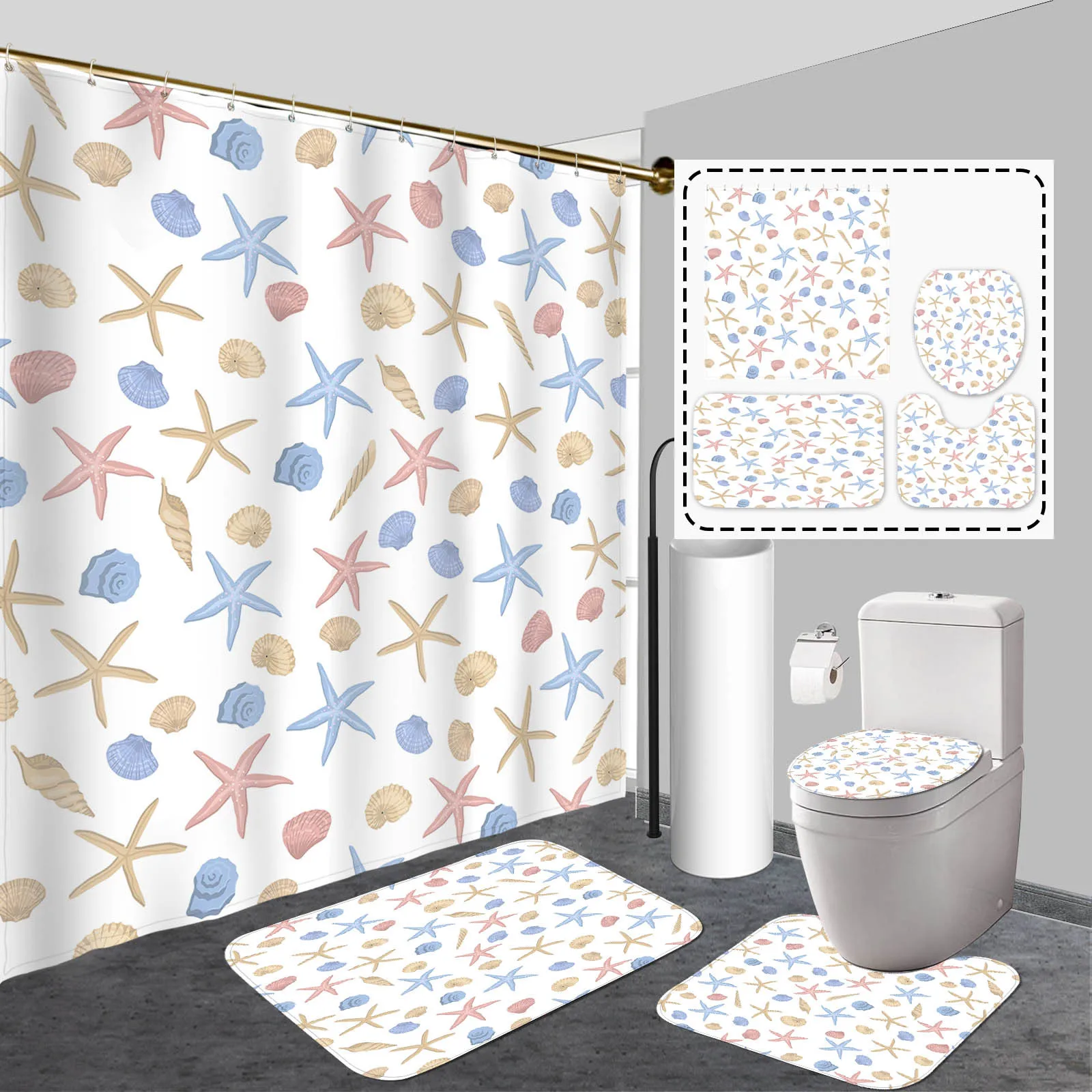 

Home Decor Happy Lunar New Year 4-piece Shower Curtain Set, Non-slip Bathroom Rug, Comfort Toilet U-shaped Mat, Toilet Seat Mat