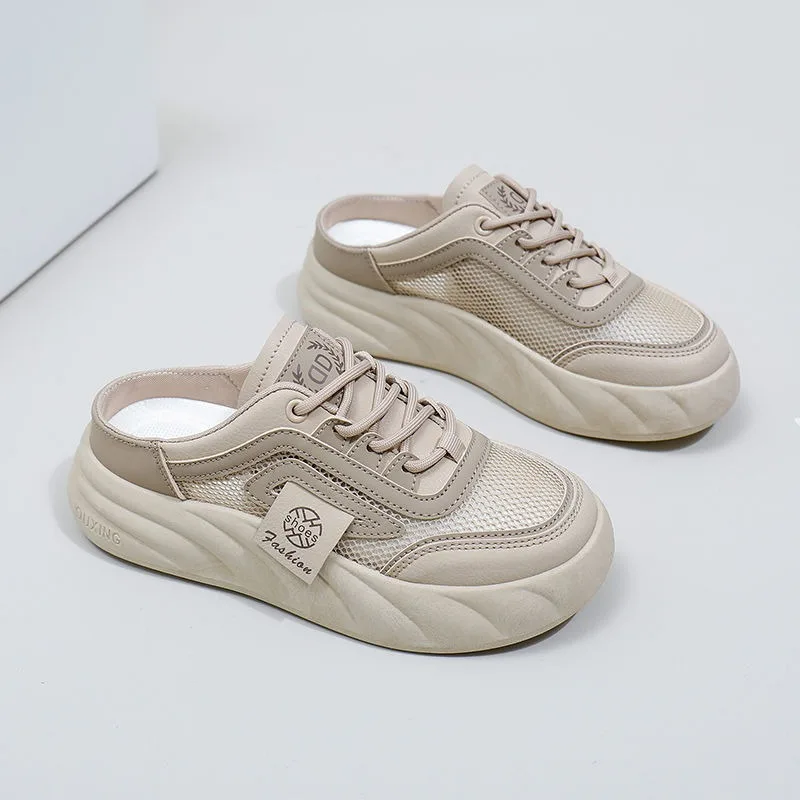 Thick soled round toe women's mesh half back shoes 2024 spring new item niche fashion casual shoes