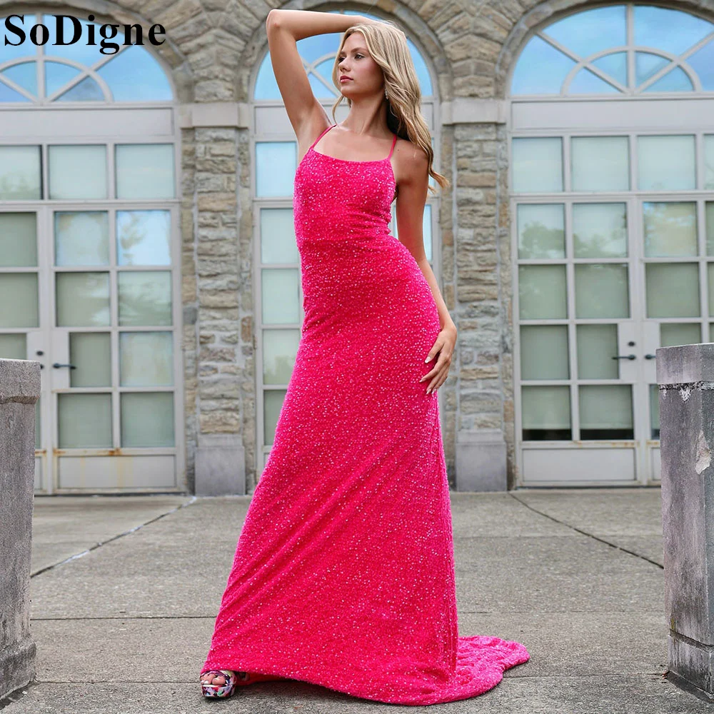 

SoDigne Glitter Spaghetti Strap Mermaid Velvet Sequins Prom Dresses for Women Sexy Halter Evening Gown for Celebrity Party