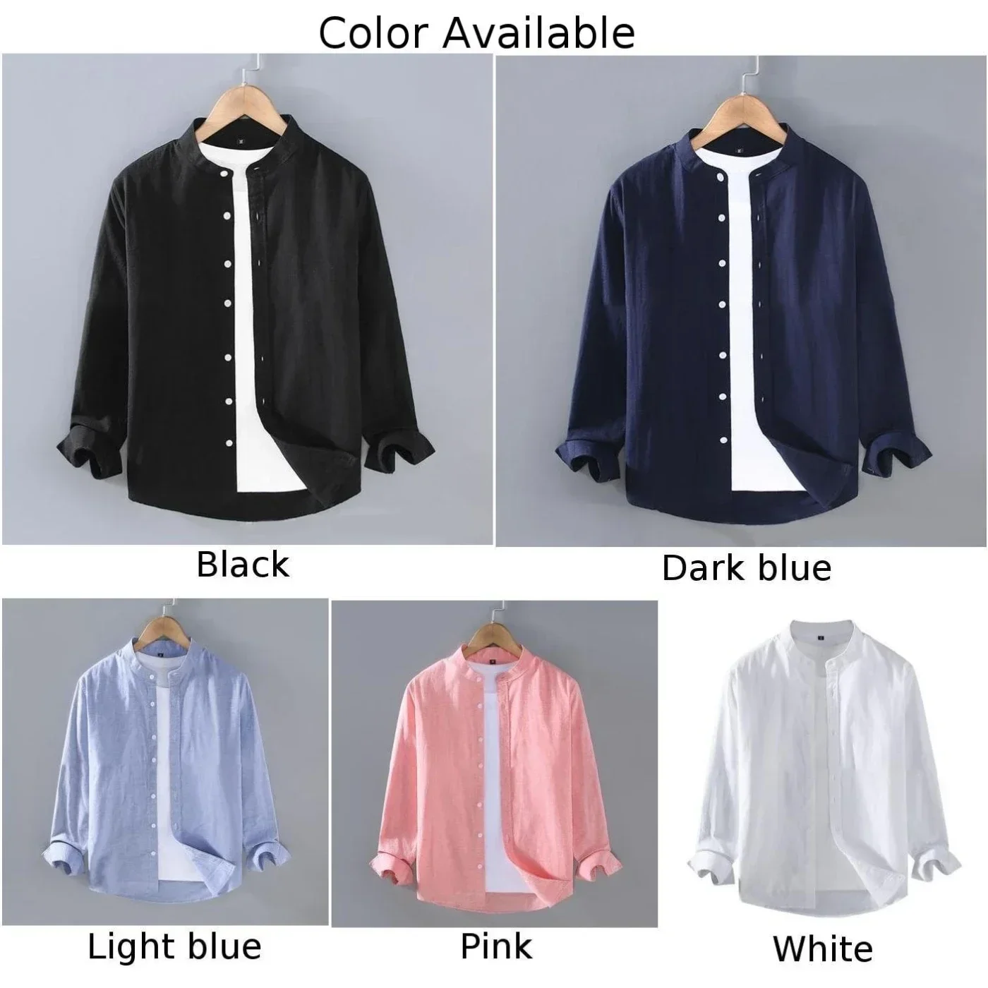 New Men's Cotton Linen Shirts Blouse Single Breasted Stand Collar Long Sleeve Solid Color Shirt Casual Male Tops