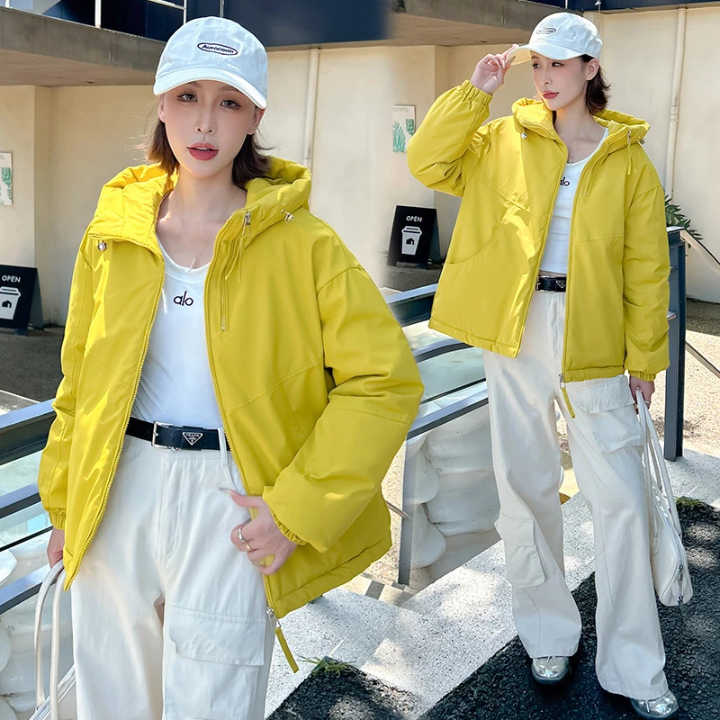 2025 패션 신상 다운 코튼 패딩 재킷 단색 가을 겨울 루즈핏 긴팔 포켓 후드 여성 숏 파카 코트