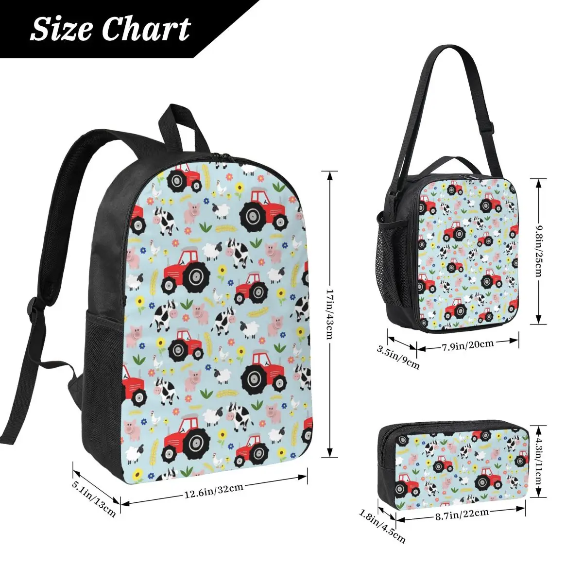 Cute Kids Red Tractor Farm Animal Pattern Backpack Student Boys Girls BookBag School Bag 3ps Insulated Lunch Bag Pencil Case