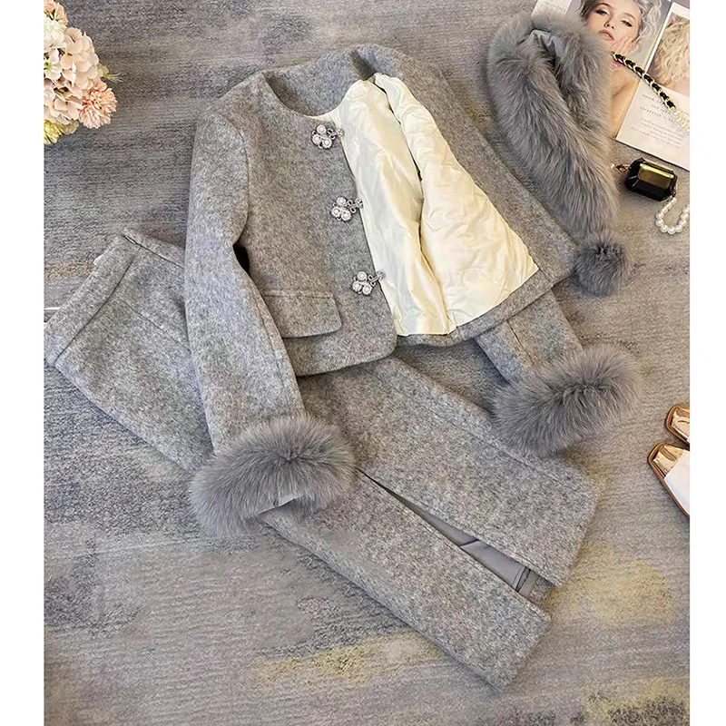 2025 Spring Detachable Fur Two piece Skirt Set Half length Skirt Light Luxury Wollen Coat Down Set Women's Stylish Work