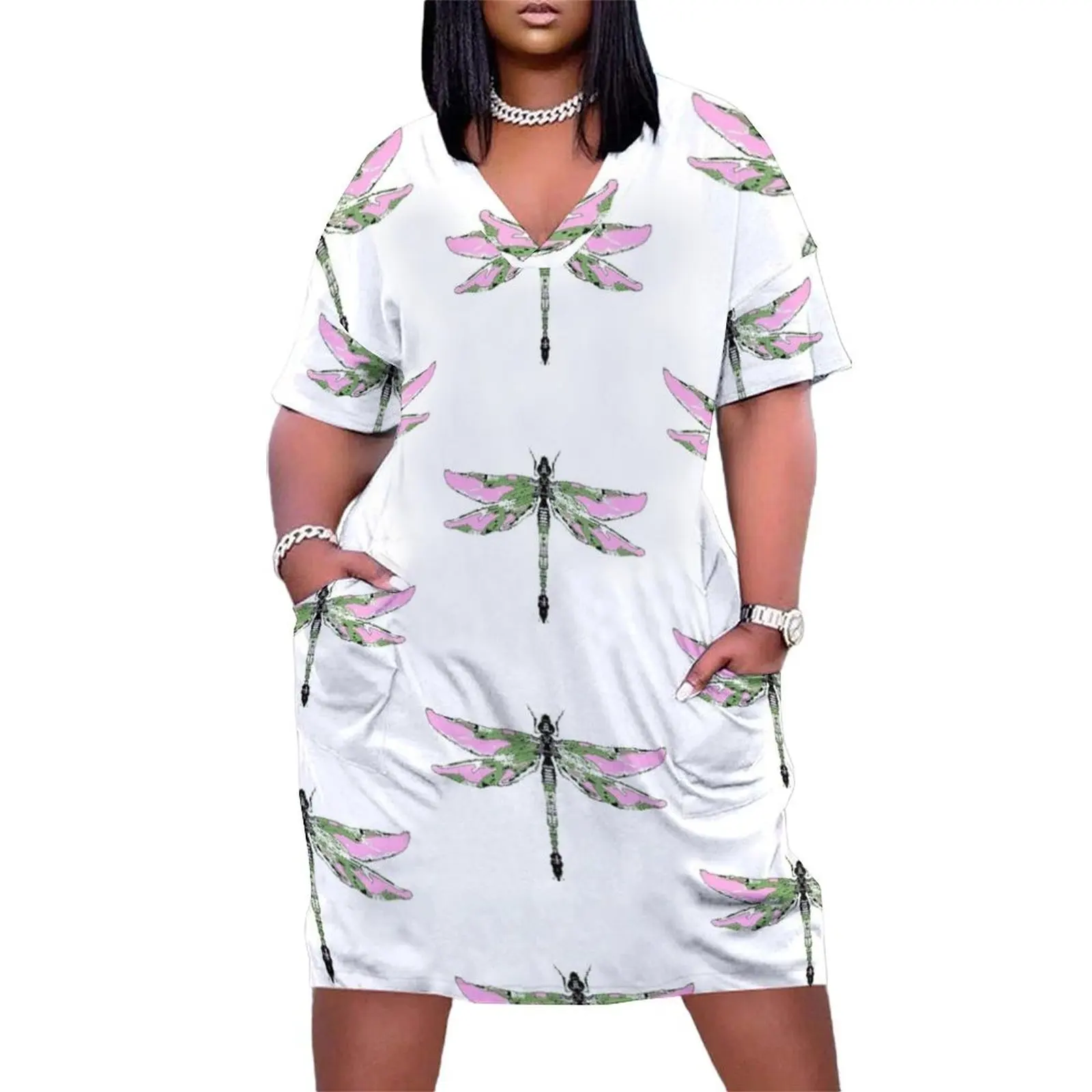 

ROSE WINGED JADE GREEN DRAGONFLY Loose Pocket Dress clothes Women's clothing