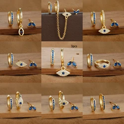 3pcs Blue Zircon Evil Eye Hoop Earrings Set For Women Stainless Steel 18K Gold Plated Cartilage Piercing Earring Fashion Jewelry