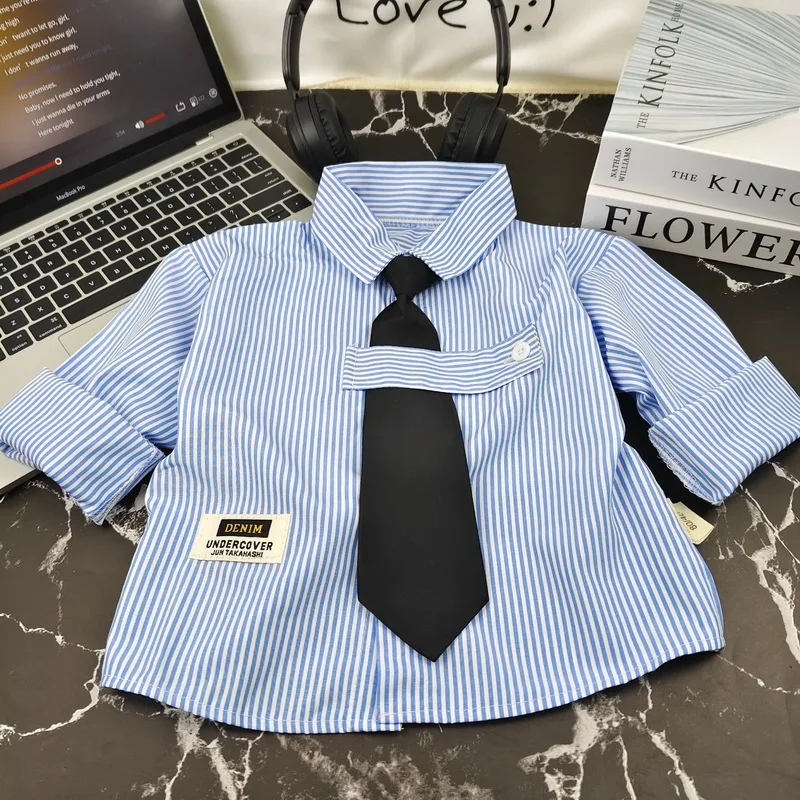 

Детские блузки и рубашки: Новая весенняя рубашка для мальчиков в полоску с длинным рукавом, модные детские топы, стильная осенняя куртка-рубашка для мальчиков