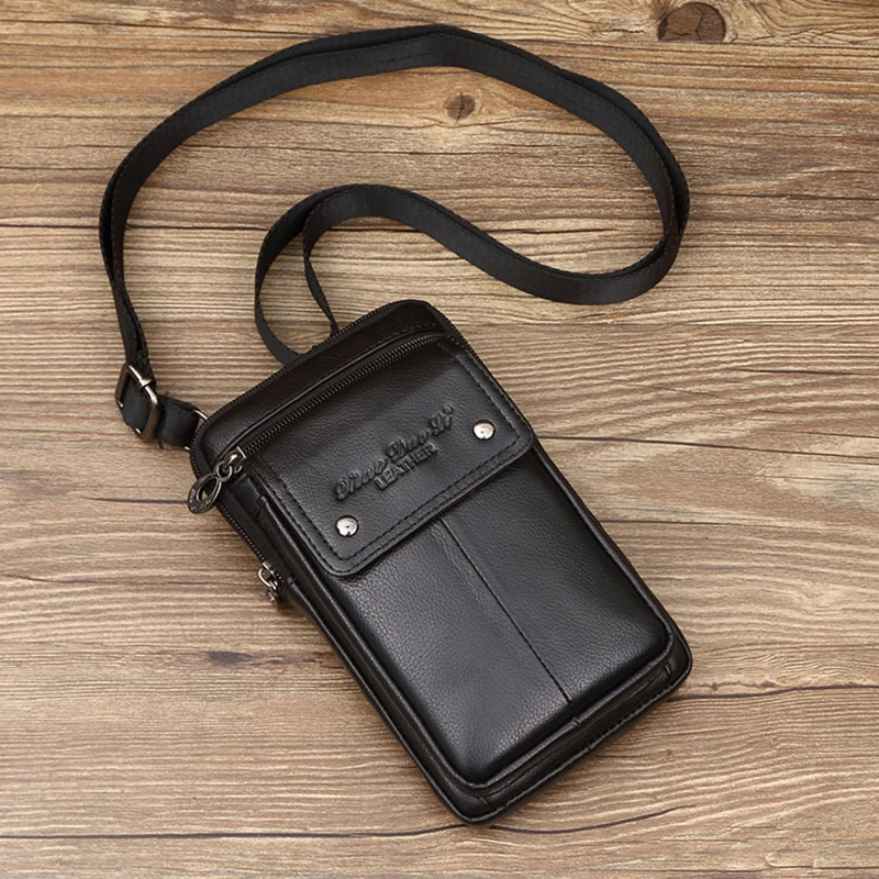 New Men Small Shoulder Fanny Messenger Bags Purse Hook Vertical Casual Fashion Cross Body Genuine Leather Waist Belt Pack Bag