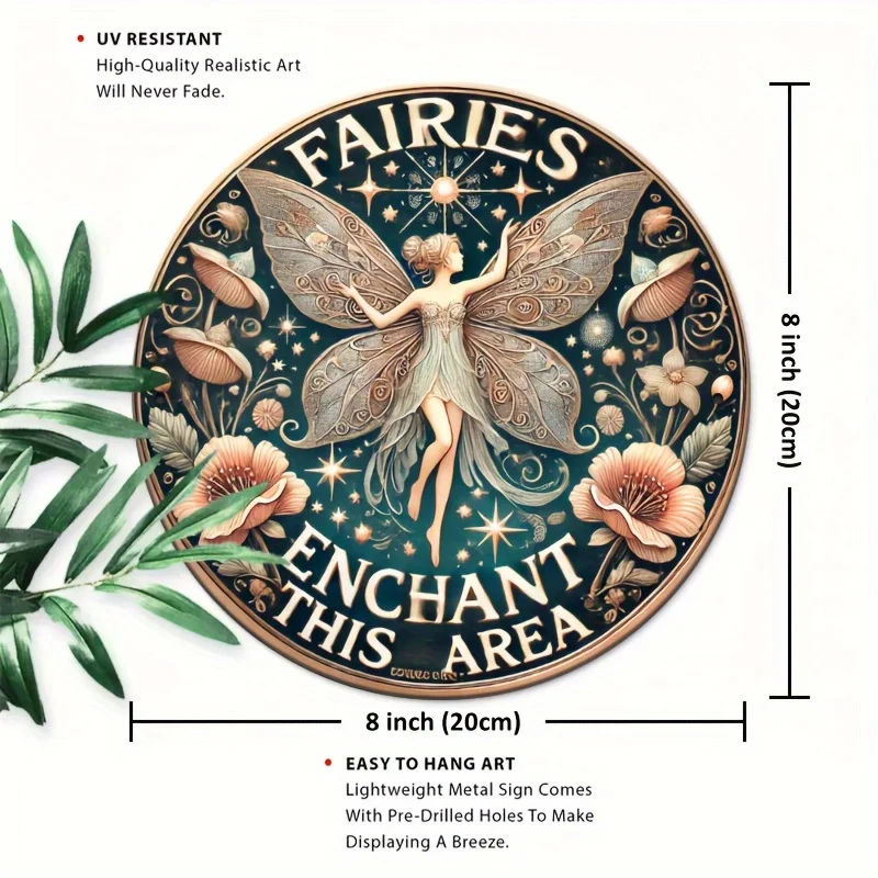 Fairies Enchant This Area Forest Fairy Floral Sign 2D flat Round Metal Tin Sign Witchy Garden Wall Decor Gift 20x20cm