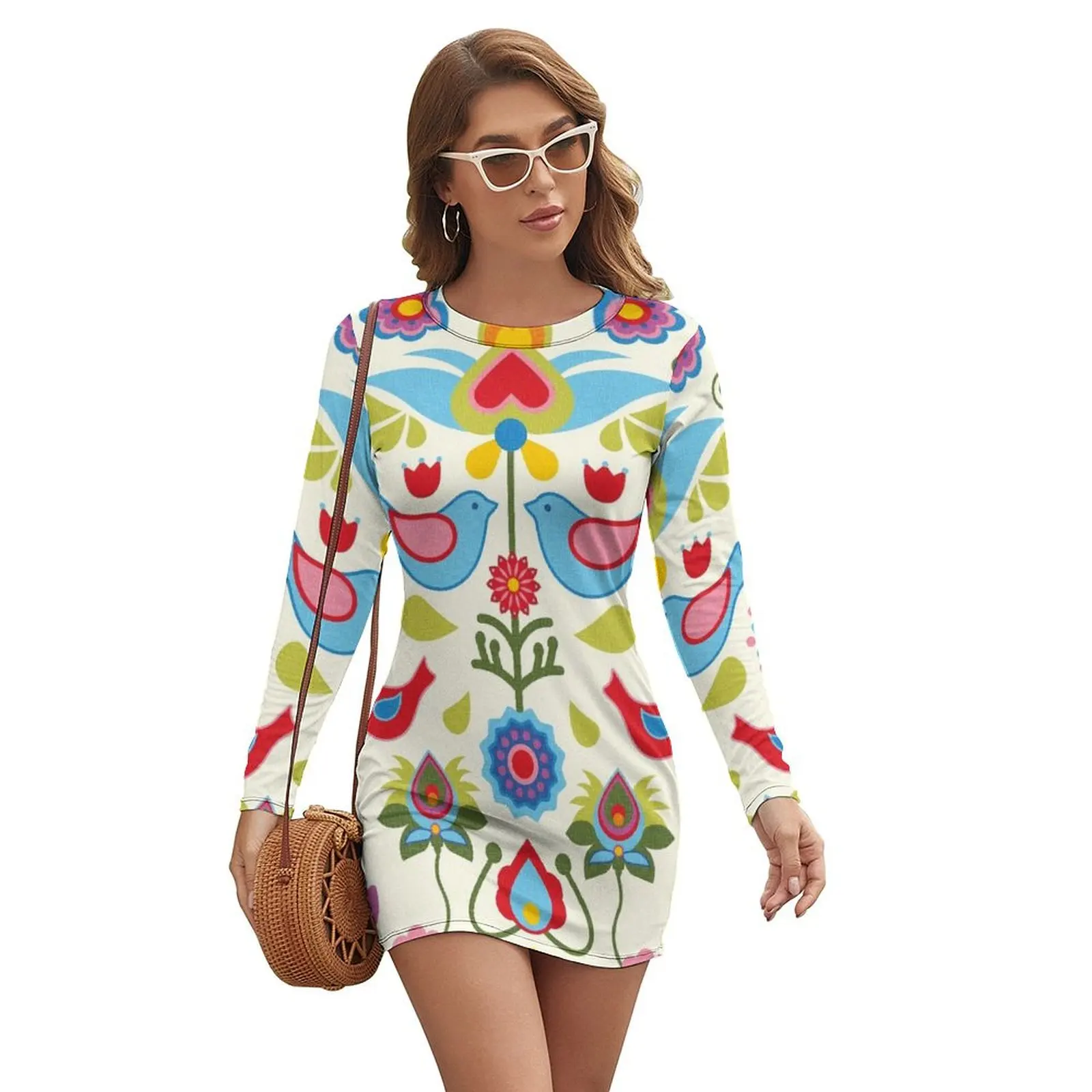 

Scandinavian folk art birds and blooms Long-sleeved Dress dresses for womens women evening dress purple dress luxury dresses