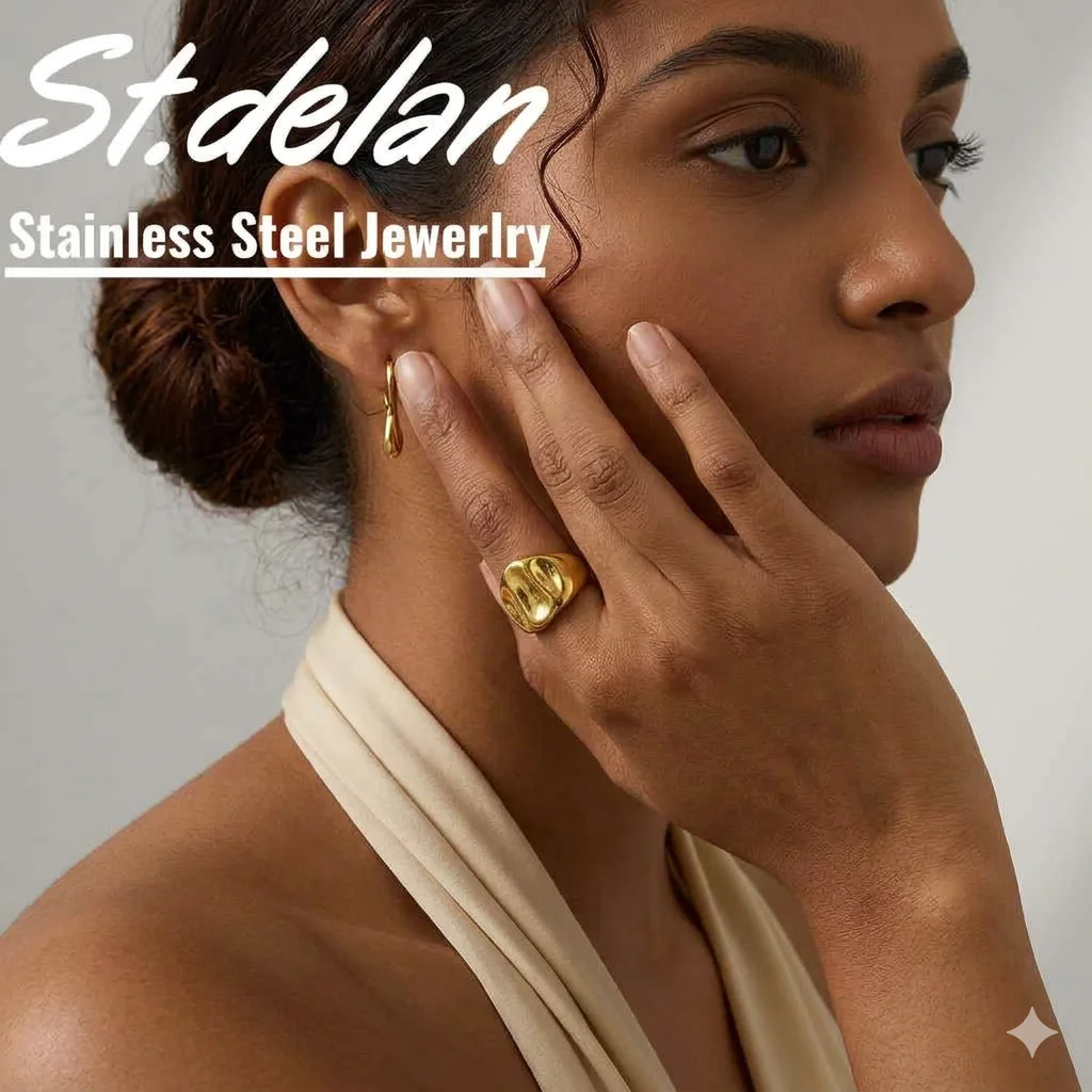 St.delan INS Trendy Stainless Steel Exaggerated Geometric Texture Ring 18K Gold Plated Never Fade Jewelry Wholesale