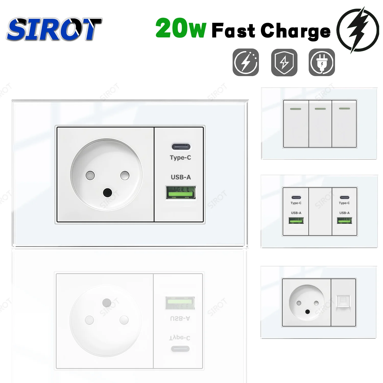 SIROT Israel Wall Socket with 20W USB Type C Fast Charging Charging Port,118mm White Tempered Glass Israel Light Switch for Home