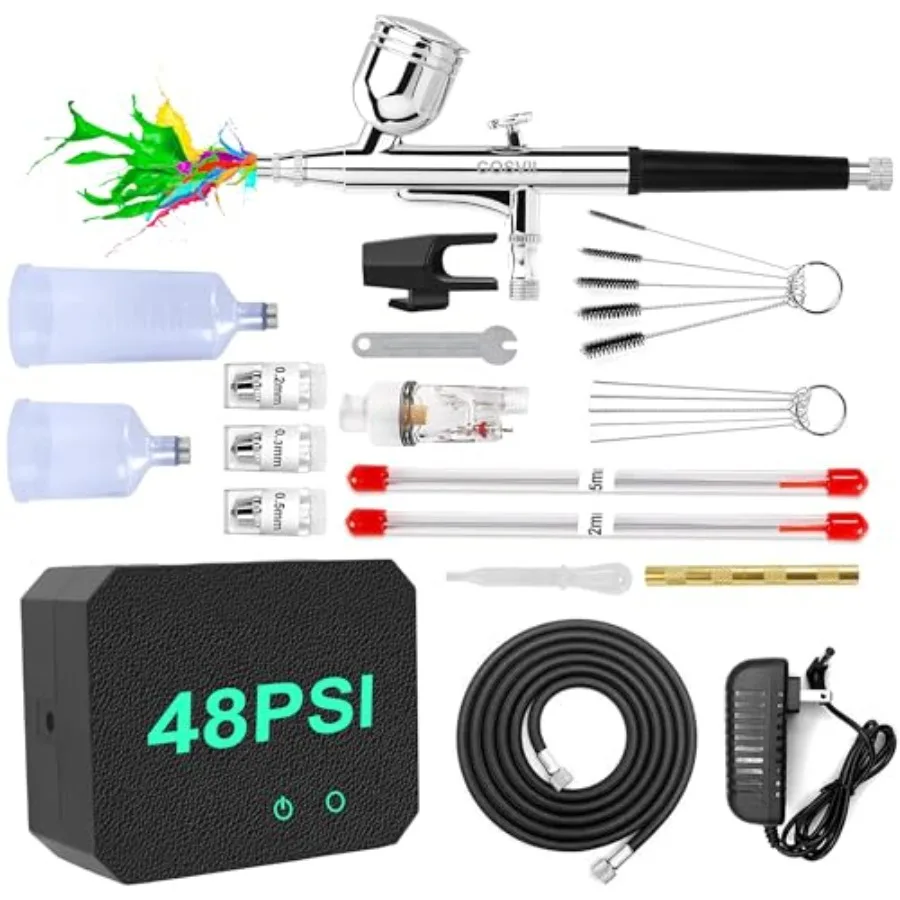 

Airbrush Kit with Air Compressor, 40-48PSI High Pressure Air Brush Set, Non-Clogging Design, 0.2/0.3/0.5mm Nozzles and Full Cle