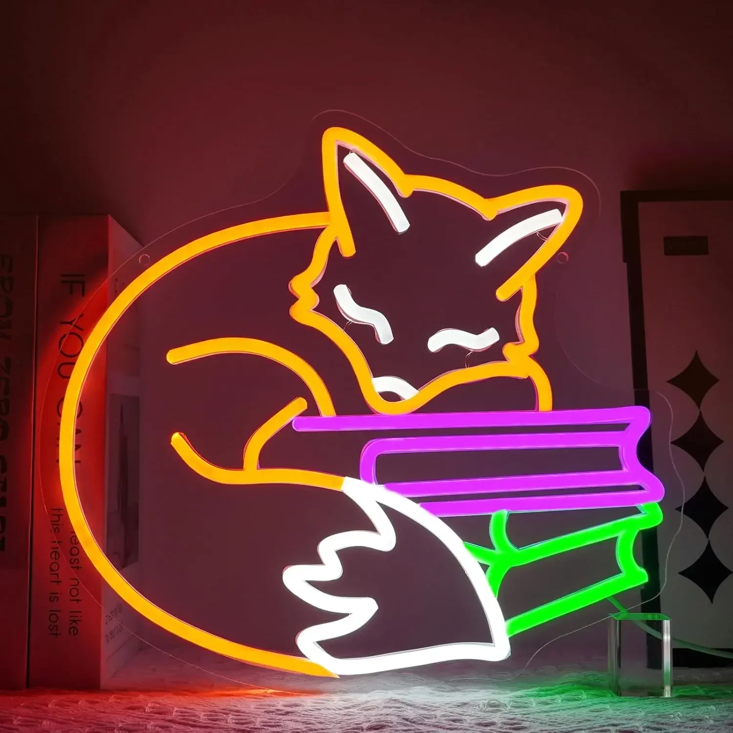 

Фокс Сон на книгах Неоновая вывеска USB с регулируемой яркостью Светодиодная неоновая вывеска Настенное украшение для спальни, геймера, гостиной, вечеринки, подарки