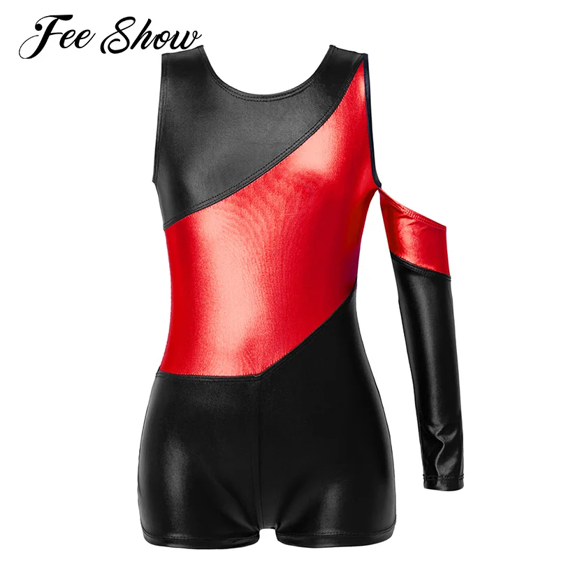 Kids Girls Shiny Metallic Modern Dance Bodysuits Jazz Dance Costumes Colorblock Shorts Jumpsuit Gymnastics Yoga Skating Bodysuit