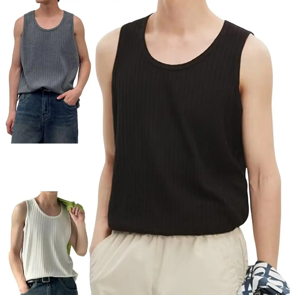 

Three-dimensional Cut Men Tops Men's Summer Ribbed Vest for Fitness Leisure O-neck Solid Color Tank Top with Vertical Stripes