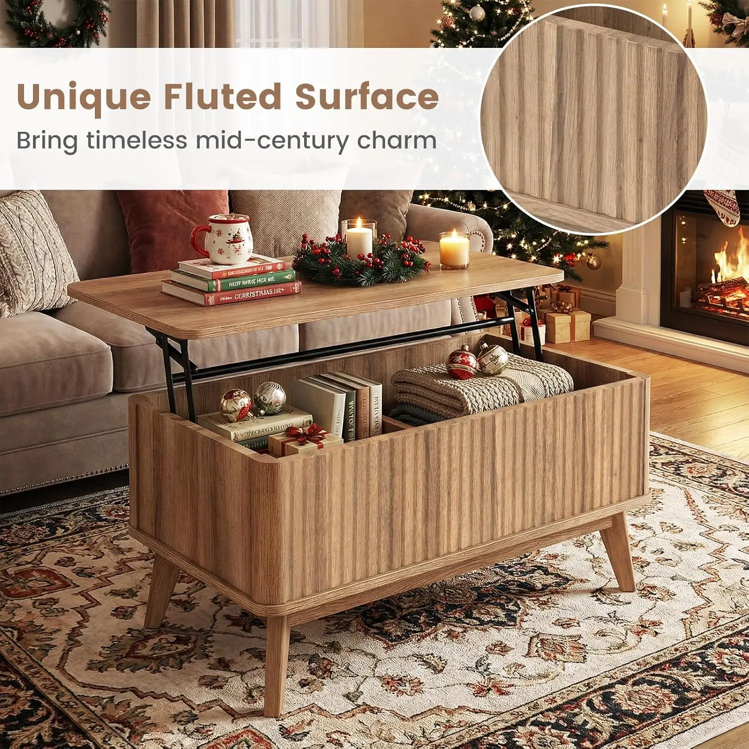 Mesa de Centro com Tampo Elevatório e Armazenamento, 35,5 polegadas, Estilo Moderno de Meio Século, com Pé de Madeira Maciça e Compartimento Oculto, Personalizável