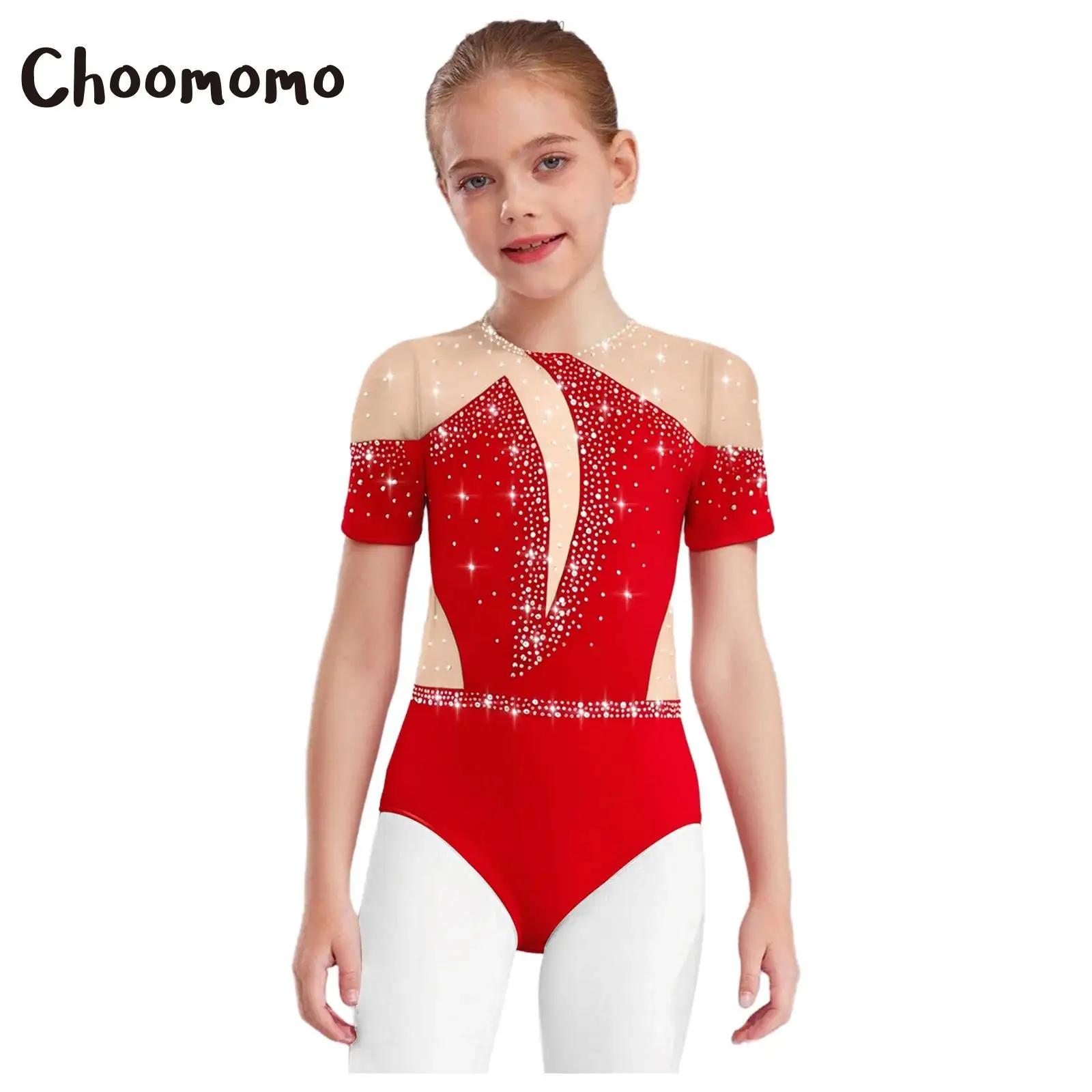 

Kids Girls Figure Skating Dance Leotard Short Sleeve Cutout Back Sheer Mesh Patchwork Shiny Metallic Rhinestones Dance Costume
