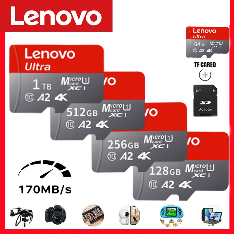 Carte Micro SD Lenovo 1 To, carte mémoire Flash TF haute vitesse, 128 Go, 256 Go, 512 Go, 1 To, U3 V60, 4K Full HD, pour caméra d'action GoPro