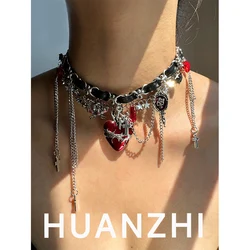 HUANZHI Red Heart Pendant Multi-Layer Chain Tassel Leather Necklace Fashion Vintage Gothic Choker Jewelry For Women Girls New