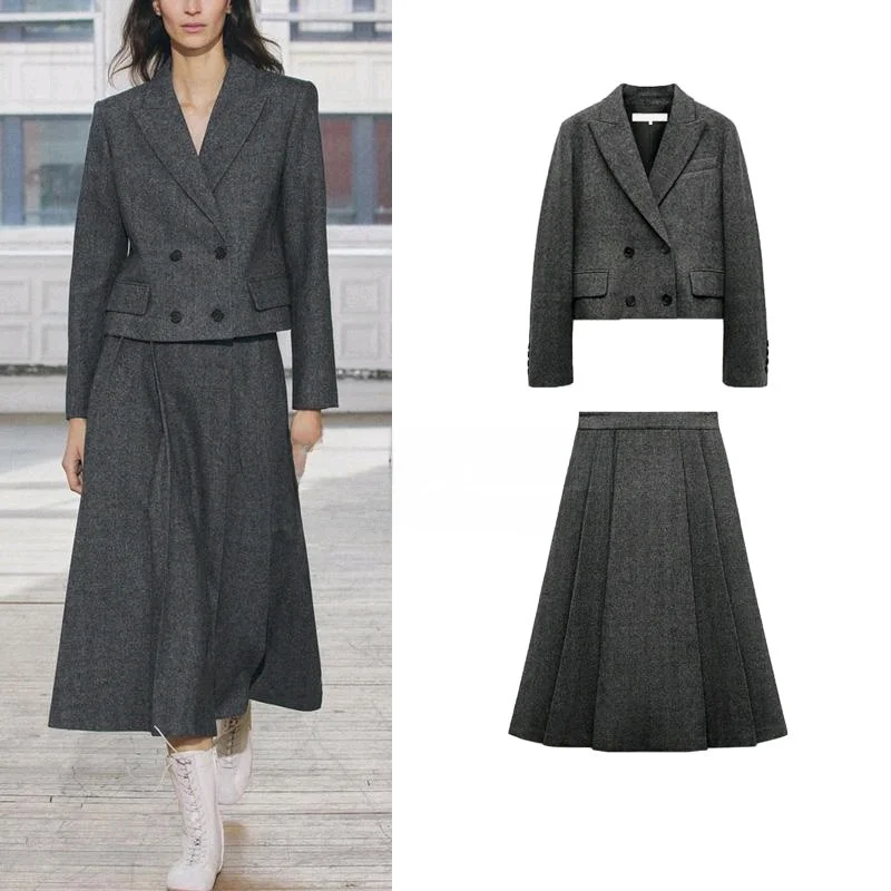 「LUXURY BRAND」Za Autumn New Fleece Blended Herringbone Twill s 273274 Wide Pleat Midi Dress 273273