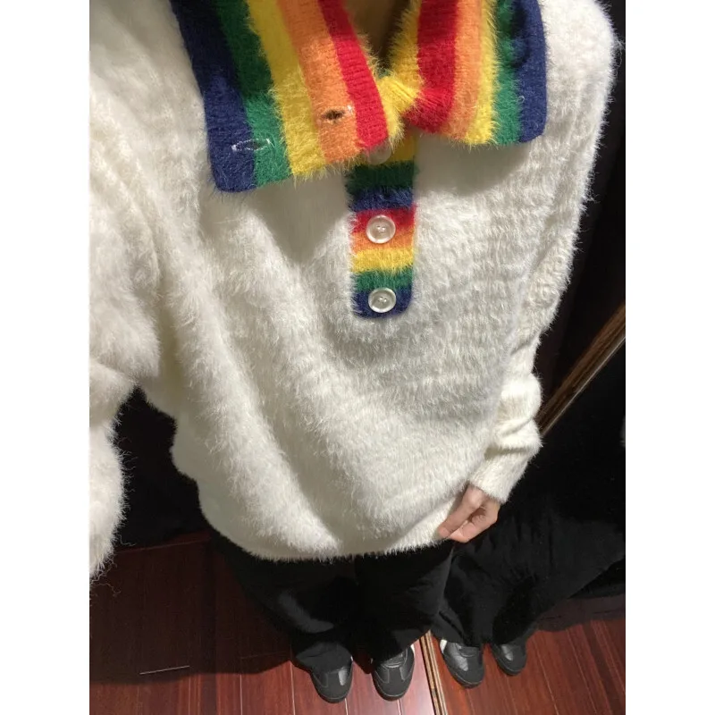 [oimg] American Rainbow Splicing V-neck Knitted For Male And Female Couples, Trendy Brand Sweater