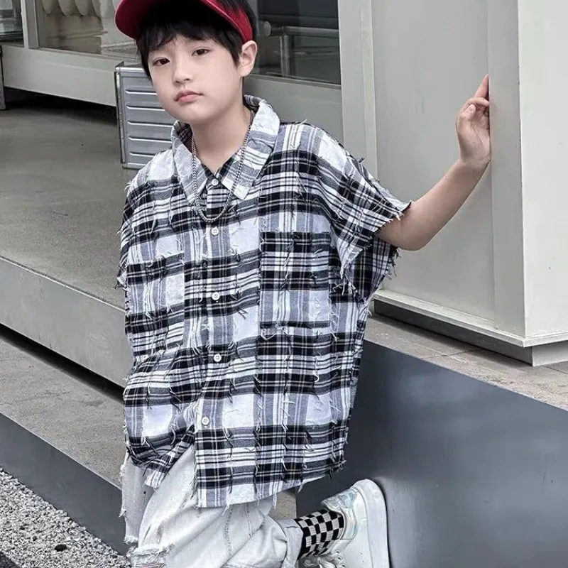 Boys' Shirt Summer New Checkered Clothes Children's Sleeveless Shirt Korean Edition Loose Top