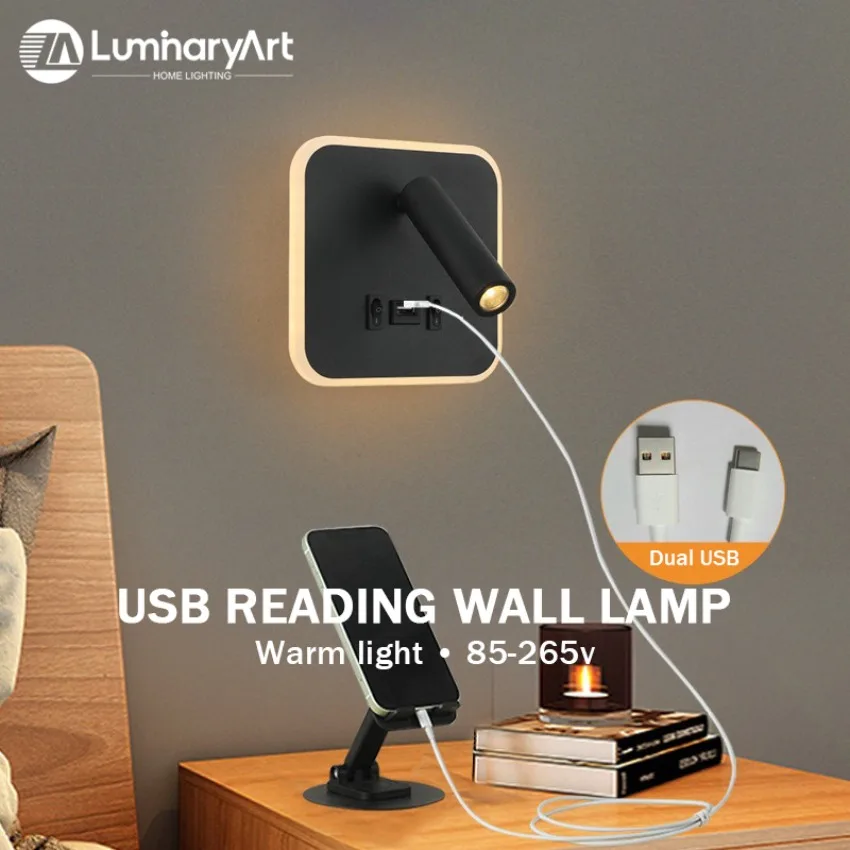

LED Wall Lamp Rotatable Wall Mounted Reading Light with Switch Backlight Type-C USB Bedside Spotlight for Hotel Bedroom Study