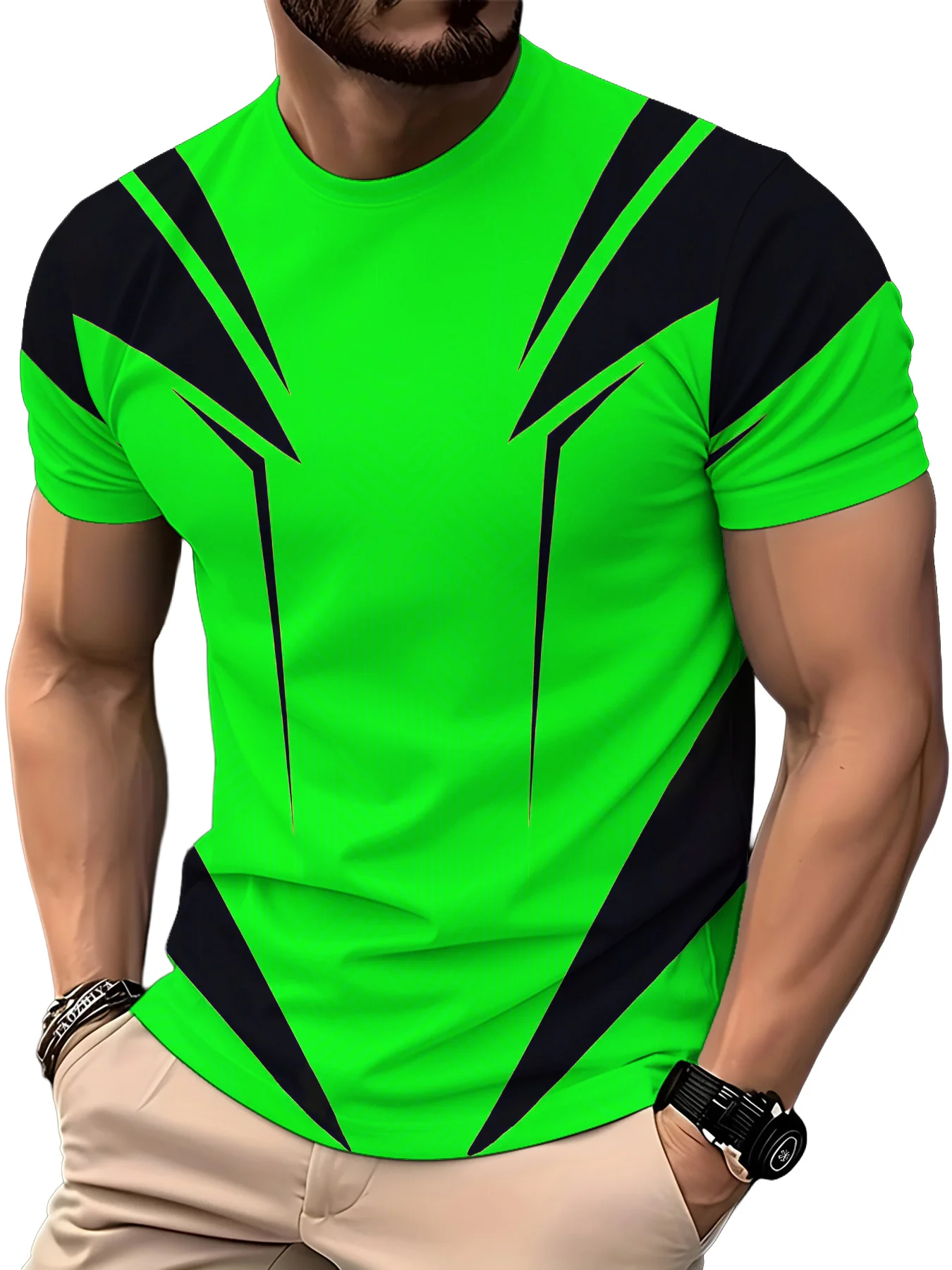 Neon Green Black Geometric Panel Sport Tee Crew Neck Quick Dry Fitness Top