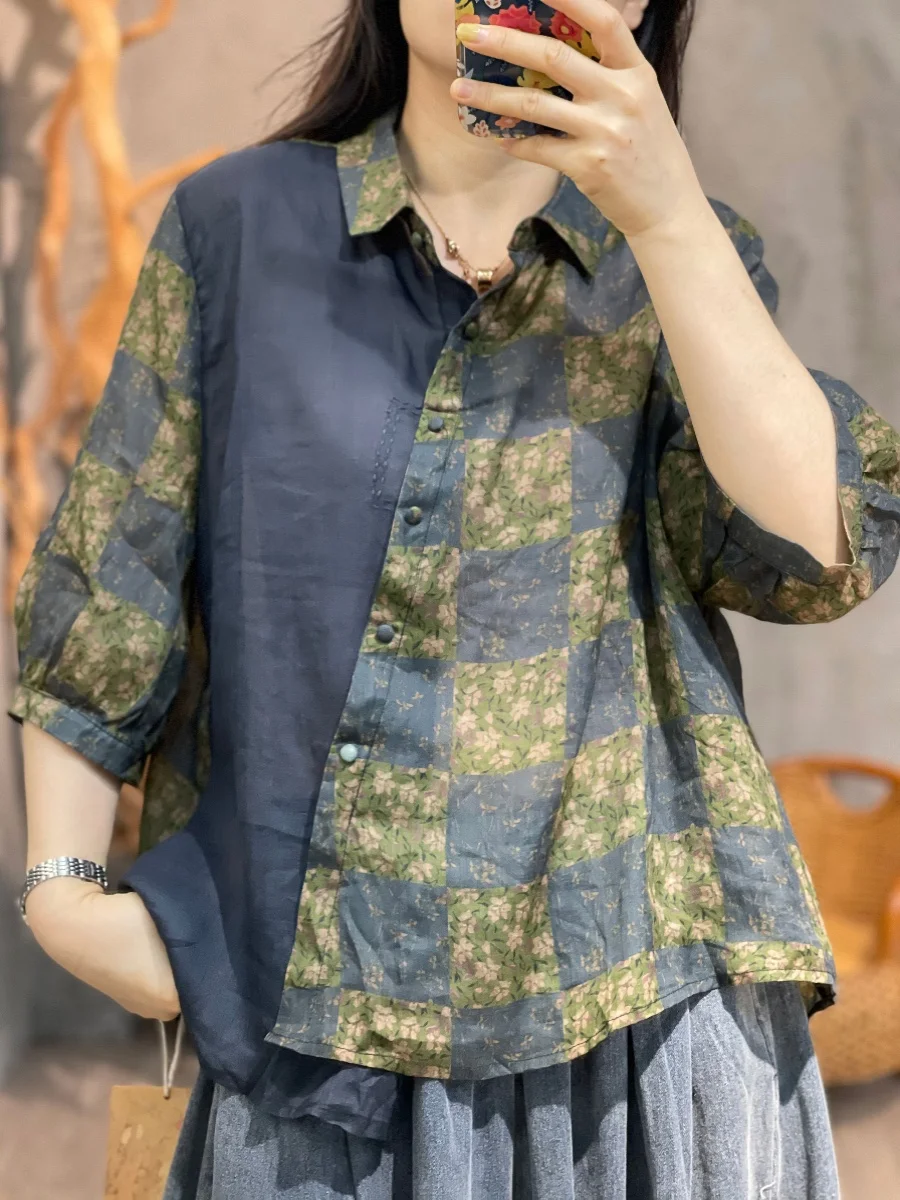 Luźny Krój Koszulka Damska Letnia Nowa Elegancka Narodowa Koszulka z Nadrukiem Asymetryczny Dół Lniana Wstawka Cienka Bluzka