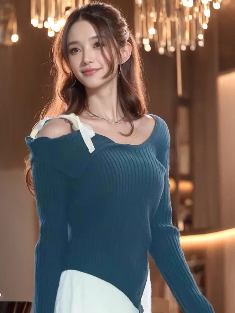 Sexy oulder knooptrui dames lente woon-werkverkeer Sle slim fit gebreide top Koreaanse versie lang Sve