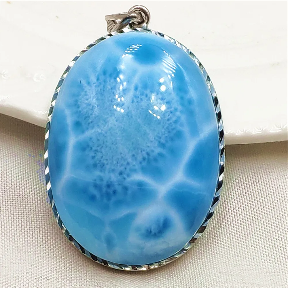 Natural Blue Larimar Pattern Gemstone Pendant Women Men 34x25x9mm Larimar Big Size Necklace Fashion Jewelry AAAAAA