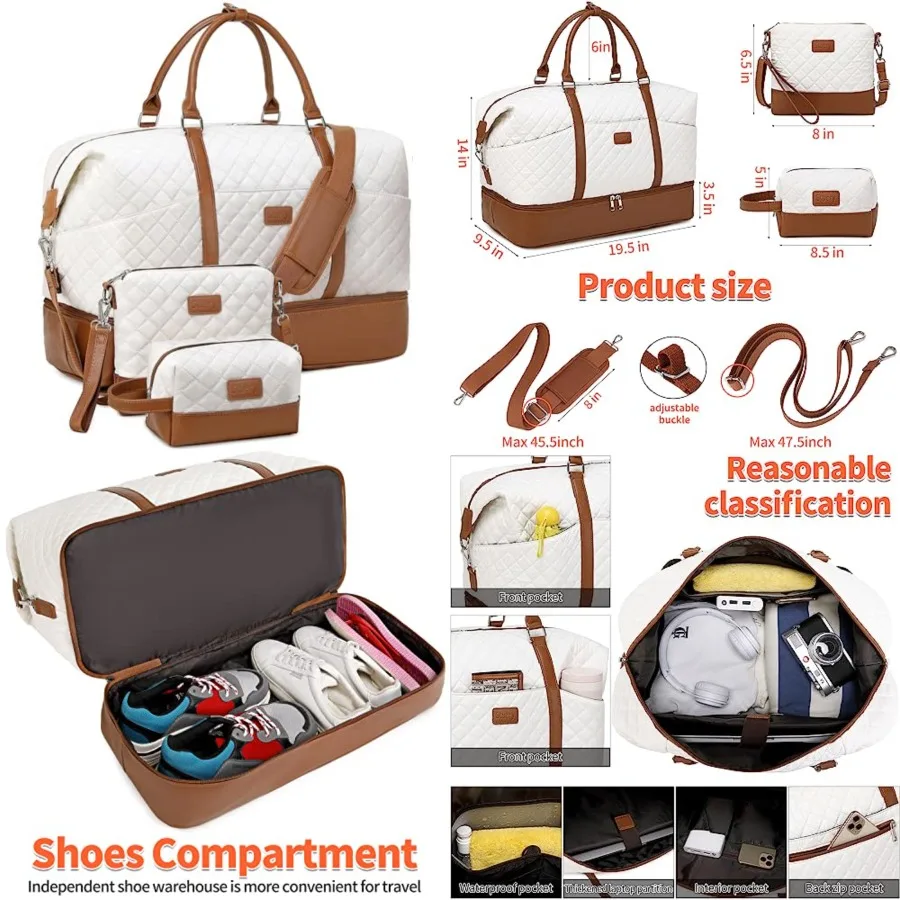Weekender Bag, Large Travel Duffel Bag for Women, Carry on Overnight Bag with Shoe Compartment and Toiletry Bags