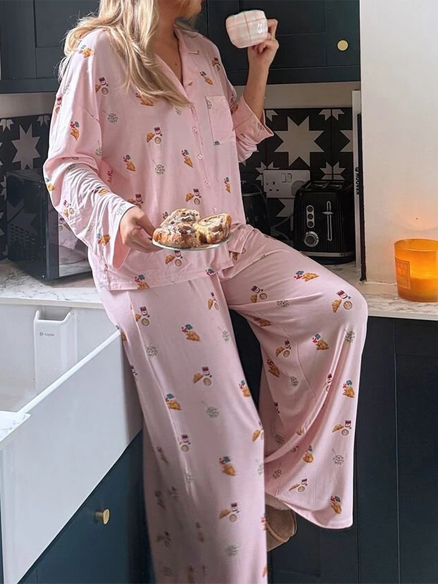 2-teiliges Pyjama-Set für Damen, langärmelig, Frühstücksdruck, Taschenhemd, Hosen-Set, Loungewear