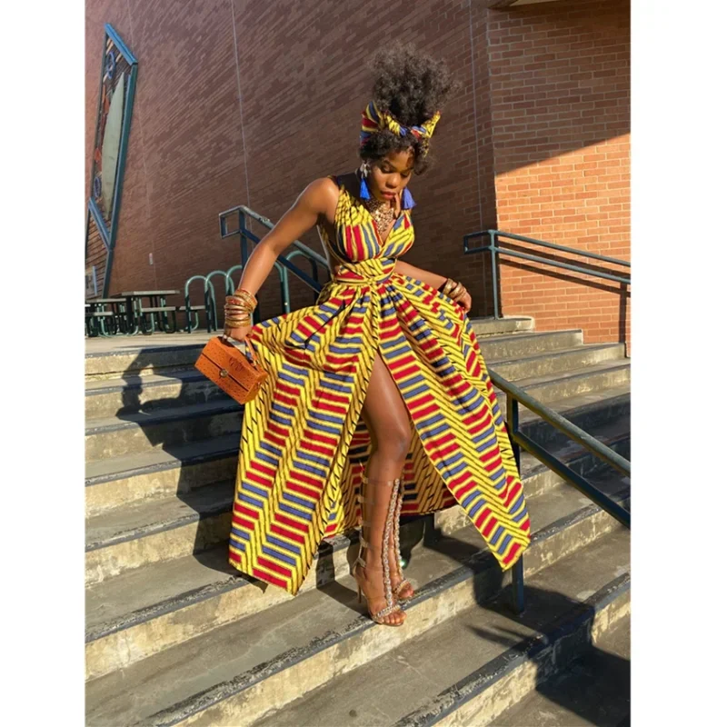 

Indie Style African Dresses for Women Floral Dashiki Print Maxi Dress Long Summer Fashion 2023 Bandage Elegant African Clothing