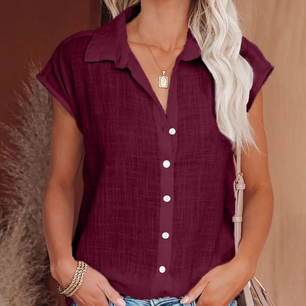 

Women Shirt Solid Color Turn-down Collar Single-breasted Short Sleeves Cotton Flax Summer Women Shirt Lapel Top Women Clothing