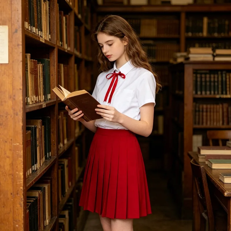 Japanese College Style School Uniform, Class Uniform Set, Long Sleeved White Shirt, Red Bow, Red Pleated Skirt, Female Student