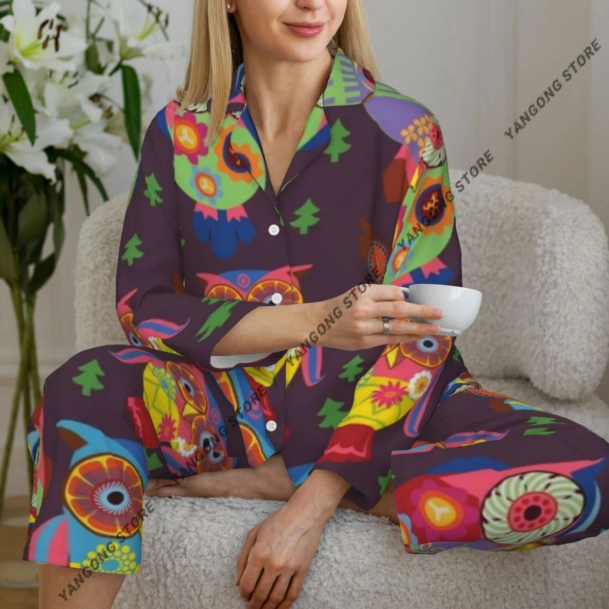 الربيع والخريف طويلة الأكمام السراويل منامة المتسكعون مجموعة الملونة البومة المرأة سحب حافة فضفاضة النوم البدلة