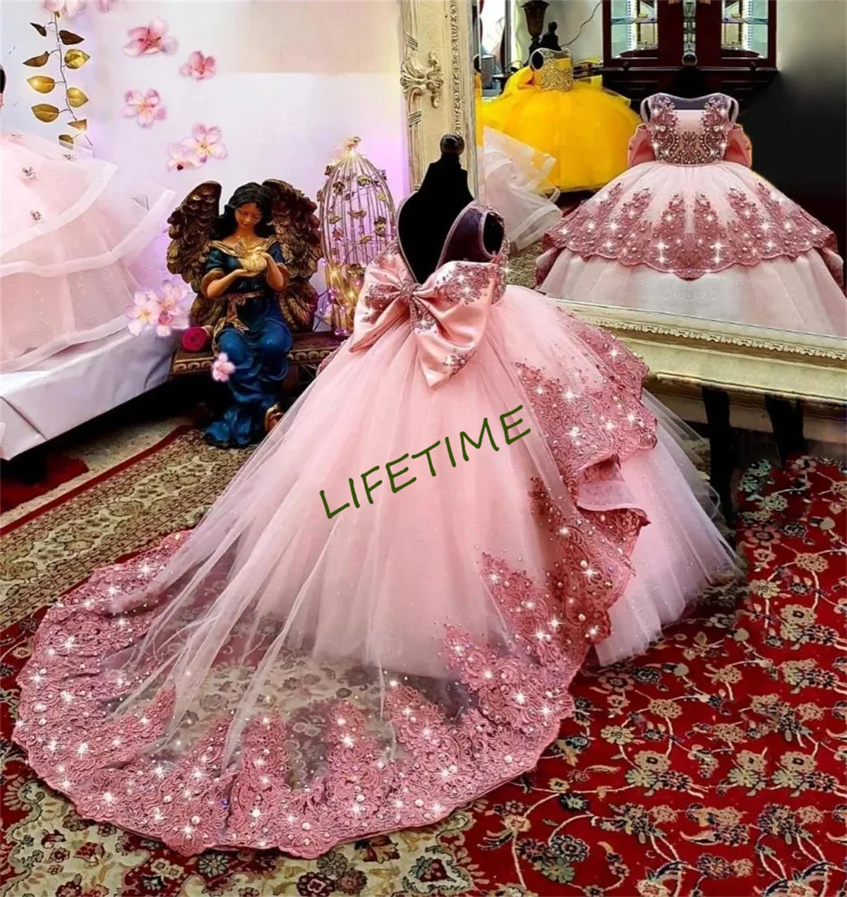 Personalizado rosa casamento vestidos da menina de flor 2024 meninas vestido de festa de aniversário crianças frisado rendas princesa pageant vestido cus