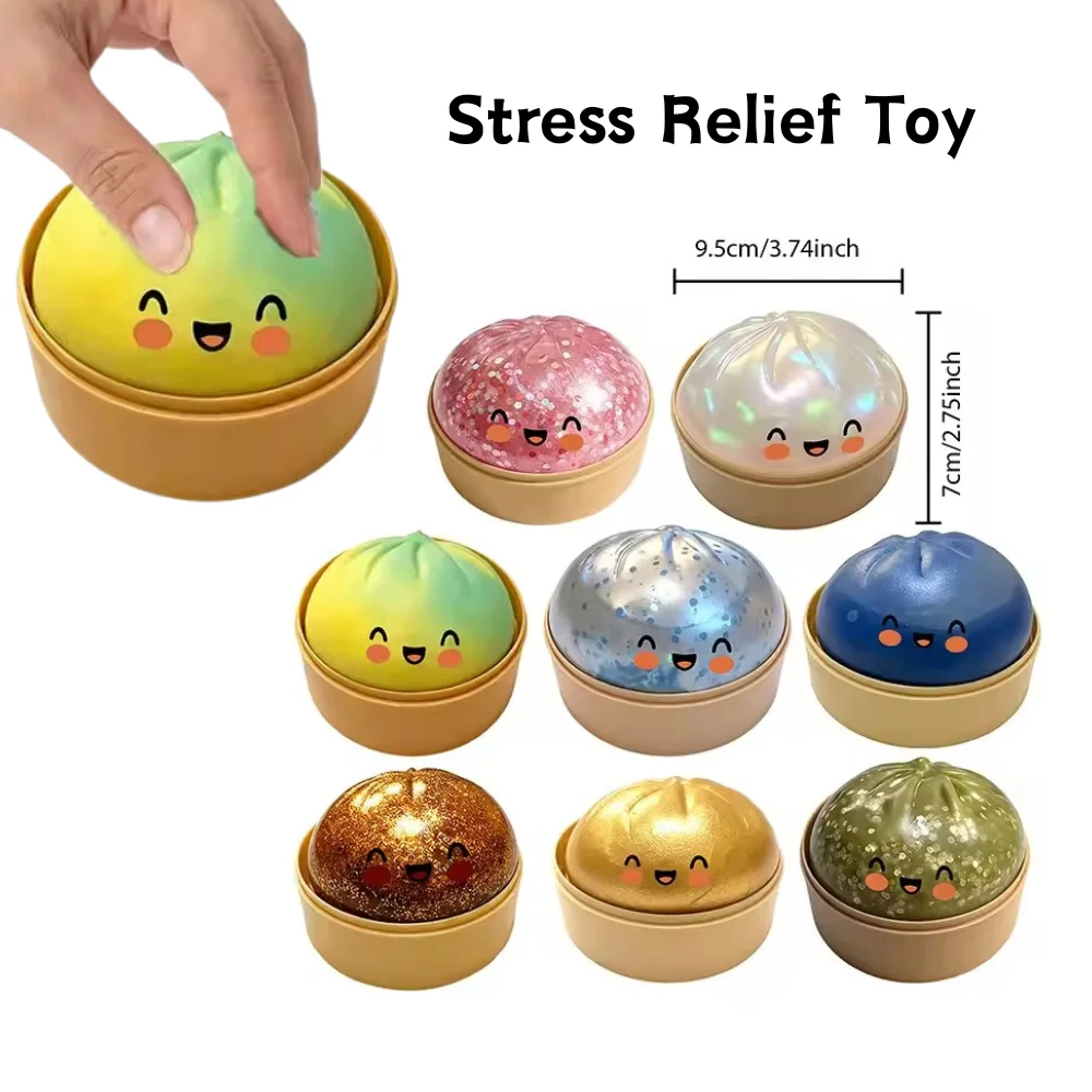 Shinny Glitter Dumpling Glitter Crystal Steamer Bun Squishy with Box Dumplings Sensory Squeeze Toy for Stress Relief