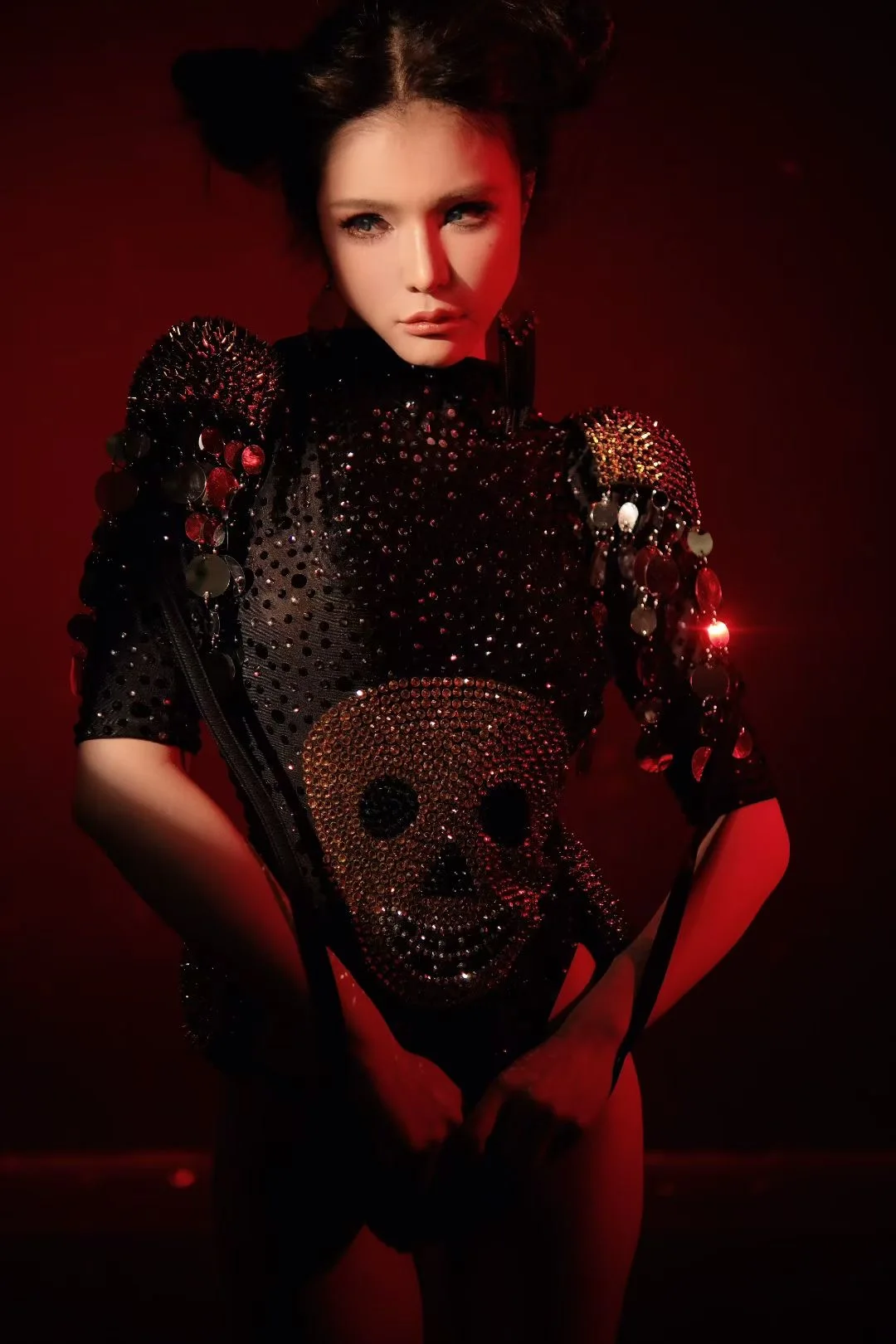 

Women Black Gothic Dress Spiked Shoulder Sequines Rhinstones Skull Bodycon Leotard Halloween Evening Party Nightbar Costumes