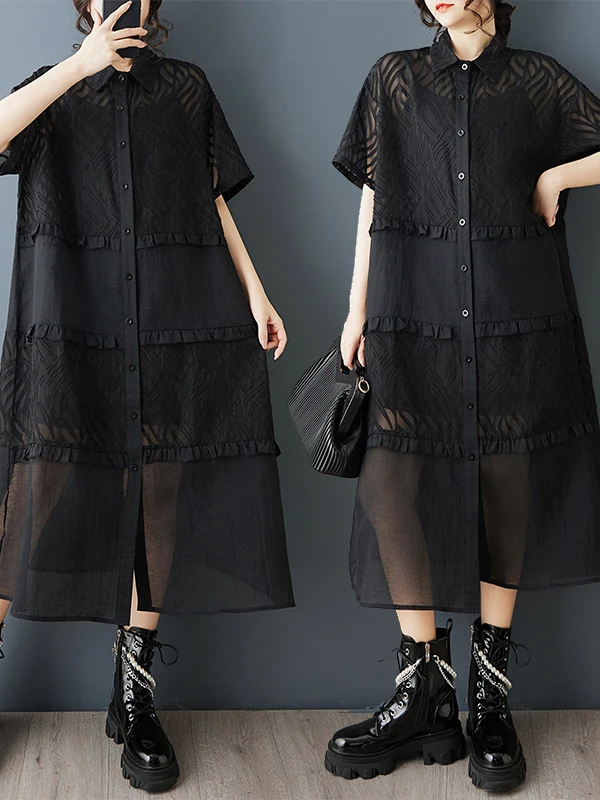 Casual Printed Mesh Splice Oversized Shirt Dress Women's Loose Waist Soft Medium Stretch Short Sleeve  Collar A-Line Skirt